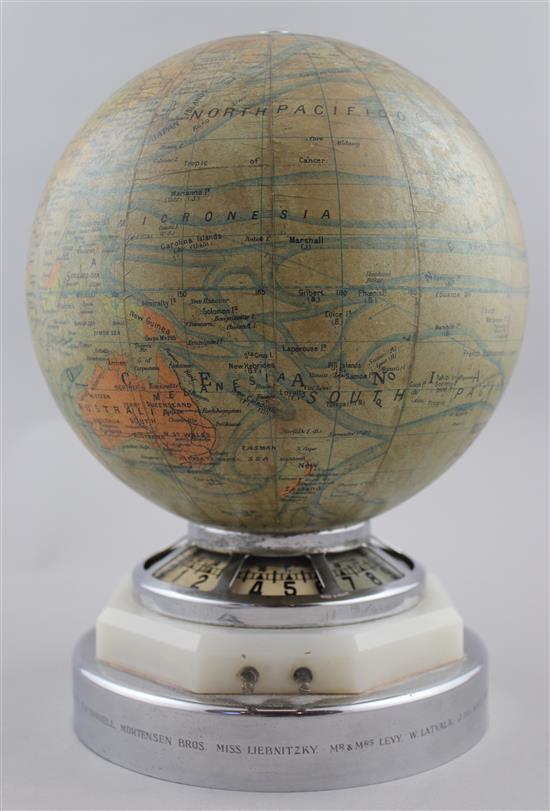 A Jaeger Le Coultre electric revolving globe timepiece, 10.5in.